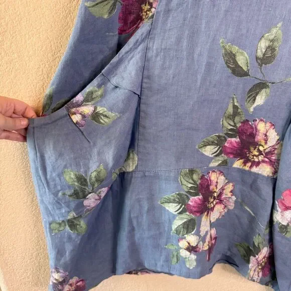 VASNA Lagenlook Linen Dress Blue Floral Made in Italy Oversized Pockets Boho M - Picture 7 of 13